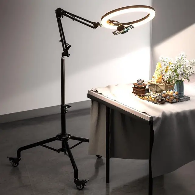 Main image of LED Ring Light Tripod with Phone Holder & Casters, Adjustable Overhead Phone/Camera Mount for iPhone, Video Recording, Live Streaming, Cooking (Mobile Stand with Light & Tripod)