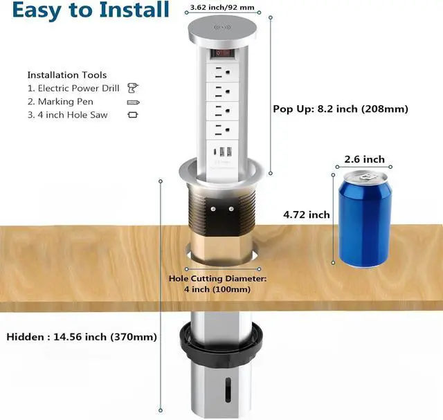 Alt view image 3 of 7 - Pop Up Outlet for Countertop, Receptacle Power Strip with USB C & 4 AC Outlet, Pull Popup Outlet Recessed Power Socket with 10W Wireless Charger for Kitchen Conference Office