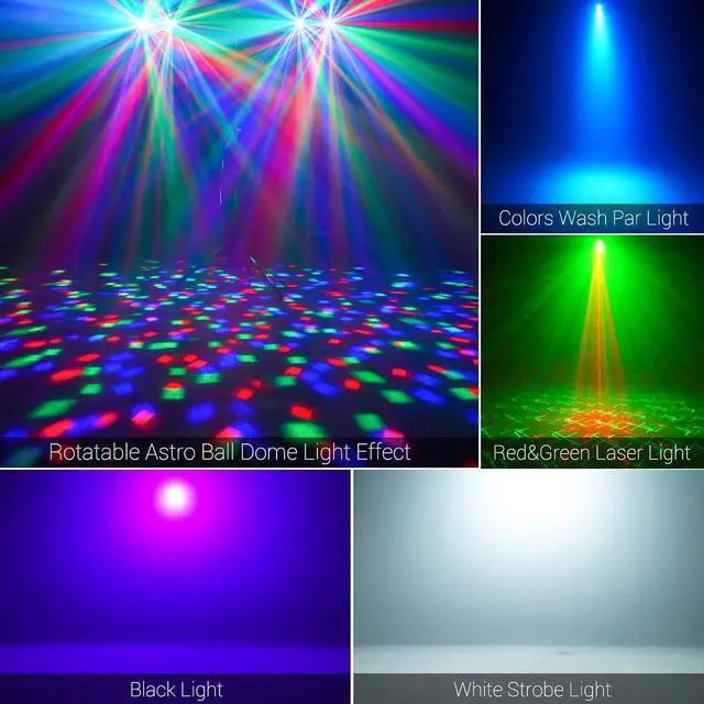 Alt view image 3 of 7 - DJ Lights with Stand, 5 in 1 Party Bar Light Set with Rotating Ball, Strobe, UV, Colorful LED Par Light and Pattern, Sound Activated DJ Lighting System for Disco Stage Gig Band Wedding