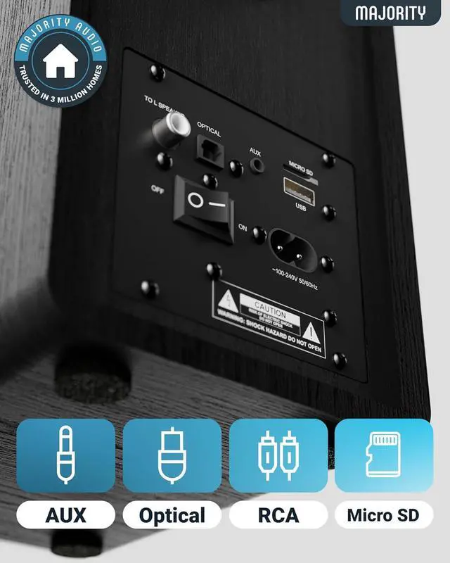 Alt view image 5 of 7 - Majority D40 Active Bookshelf Speakers | Powered Stereo Studio Speakers | Powerful Amplified 2.0 Channel Sound | Bluetooth, Optical, RCA, USB & Aux Playback | Digital Controls | HiFi Speakers