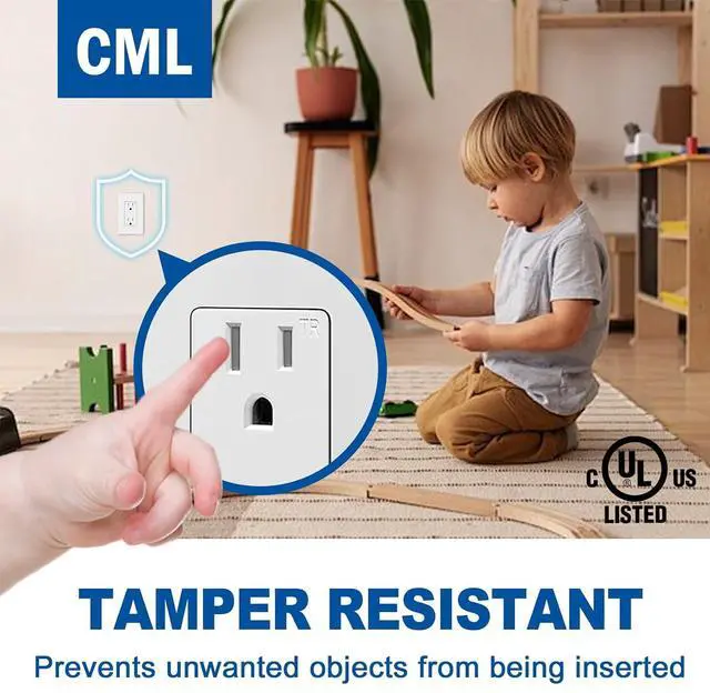 Alt view image 3 of 7 - CML 15 Amp Decorator Recetpacle Outlet, 50 Pack Tamper Resistant Standard Electrical Wall Outlet, 15A/125V, Decor Screwless Wallplate Included, UL Listed, White
