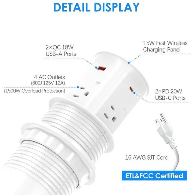 Alt view image 5 of 7 - 3.15" Pop Up Countertop Outlet with 15W Wireless Charger,Max 20W Power Delivery,800J Surge Protection,Pop Up Electrical Outlet with 4 Outlets 4 USB Ports for Home Office(ETL Listed)
