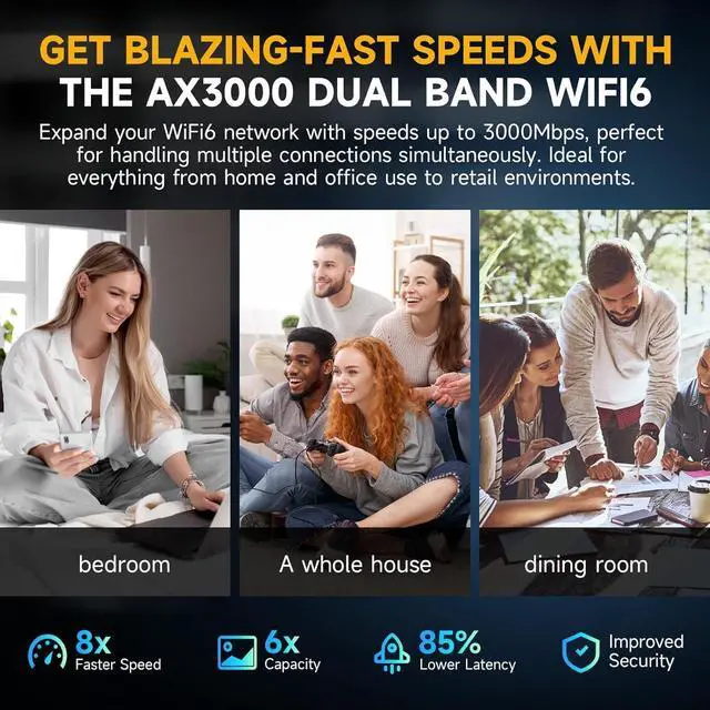 Alt view image 5 of 7 - 2025 Mesh AX3000 WiFi 6 Extender Signal Booster for Home,Range up to 15K+sq ft, 3000Mbps Wireless Internet Repeater, Dual Band Signal Amplifier with Gigabit Ethernet Port, 10X Faster Access Point