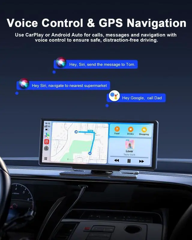 Alt view image 3 of 7 - Wireless  Carplay Screen for Car, Android Auto with Backup Camera, Portable Car Stereo Touchscreen with OTA/GPS Navigation/Mirror Link/Voice Control/Bluetooth/AUX/FM/WiFi