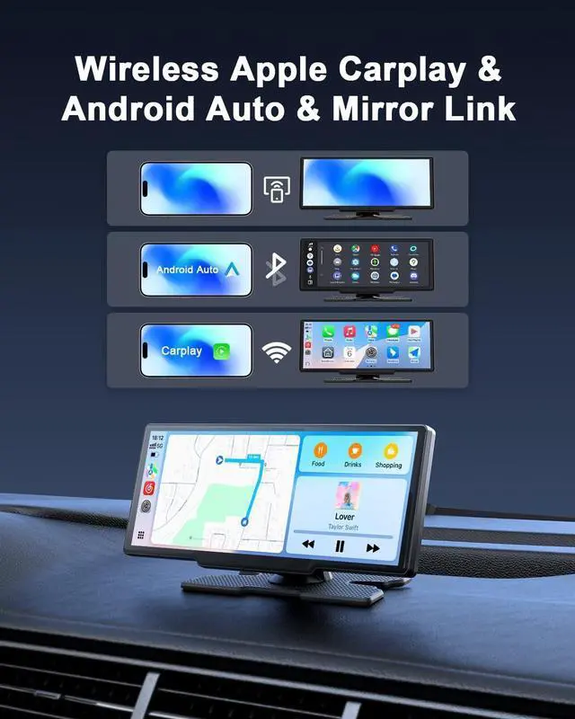 Alt view image 2 of 7 - Wireless  Carplay Screen for Car, Android Auto with Backup Camera, Portable Car Stereo Touchscreen with OTA/GPS Navigation/Mirror Link/Voice Control/Bluetooth/AUX/FM/WiFi