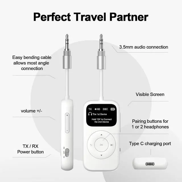 Alt view image 5 of 5 - Bluetooth Transmitter & Receiver for Airplane, Easy Setup Bluetooth Audio Transceiver for 2 BT Devices, Volume Control, RCA for TV