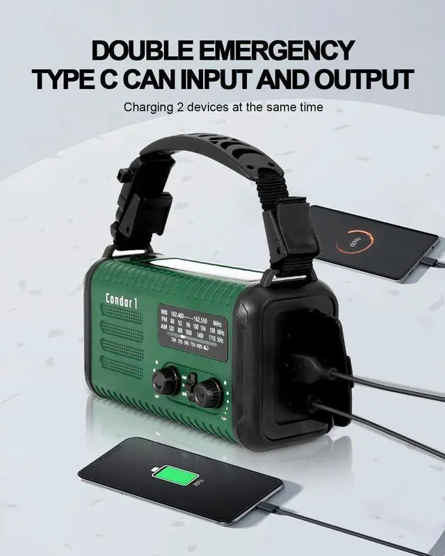 Alt view image 3 of 7 - 20000mAh / 74000mWh Solar Hand Crank Weather Radio with NOAA/AM/FM, Battery Powered Radio with Cell Phone Charger, Reading Lamp, Flashlight & SOS for Emergencies/Home