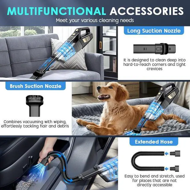 Alt view image 3 of 7 - Handheld Vacuum Cordless, 15000PA Strong Suction Hand Held Car Vacuum Cleaner Portable with Multi-Nozzles & Washable Filter, Lightweight Dust Busters Rechargeable for Home, Car, Office, Pets
