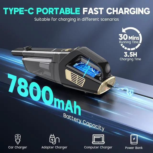 Alt view image 4 of 7 - Handheld Vacuum Cordless, 15000PA Strong Suction Hand Held Car Vacuum Cleaner Portable with Multi-Nozzles & Washable Filter, Lightweight Dust Busters Rechargeable for Home, Car, Office, Pets