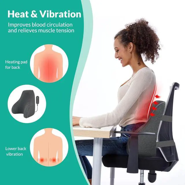 Alt view image 4 of 7 - Heated Lumbar Support Pillow for Office Chair, Back Support Pillow for Car, Adjustable Heat and Vibration, Ergonomic Back Cushion, Improve Posture & Pain, Lower Back Massager,Gifts