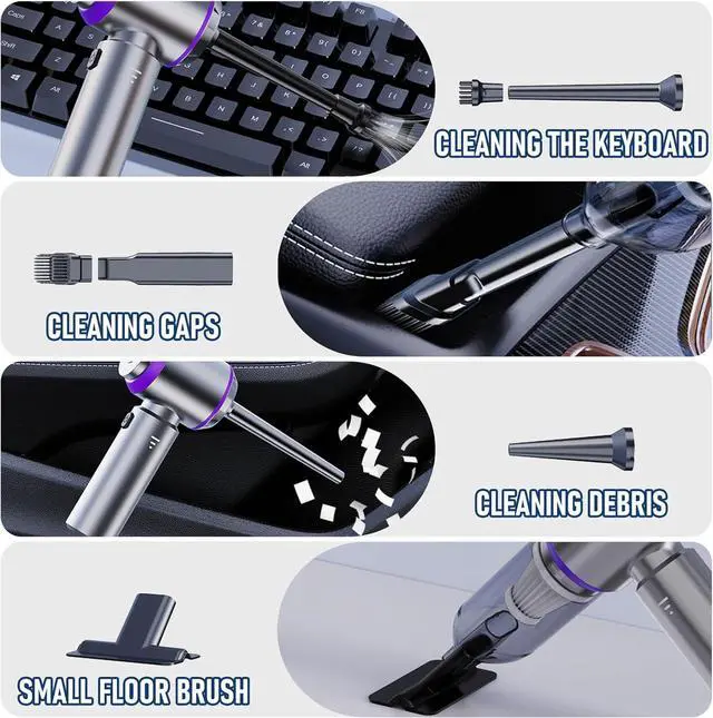 Alt view image 4 of 6 - Car Vacuum Portable Cordless 20000PA High power Mini Vacuum Cleaner 4-in-1 Compressed Air Duster & Air Blower & Pump Hand Held Vacuum with Brushless Motor for Car, Home, Office,Camping (Purple)