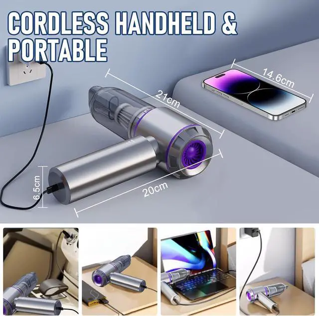 Alt view image 6 of 6 - Car Vacuum Portable Cordless 20000PA High power Mini Vacuum Cleaner 4-in-1 Compressed Air Duster & Air Blower & Pump Hand Held Vacuum with Brushless Motor for Car, Home, Office,Camping (Purple)