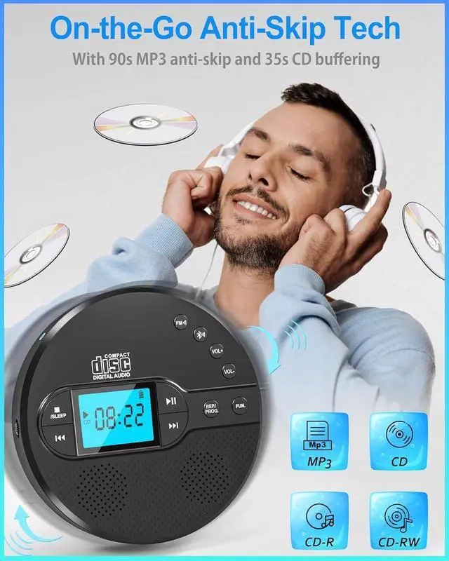 Alt view image 2 of 7 - Portable CD Player with Bluetooth, Disman CD Player for Car with FM Transmitter, Rechargeable CD Player Portable with Anti-Skip Protection, Headphones, AUX/USB Supported, LCD Display(Black)