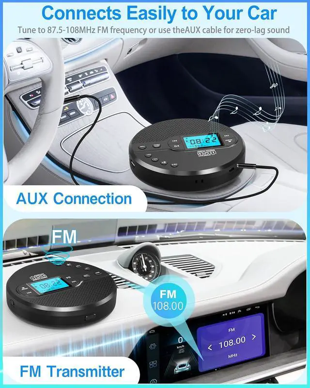 Alt view image 3 of 7 - Portable CD Player with Bluetooth, Disman CD Player for Car with FM Transmitter, Rechargeable CD Player Portable with Anti-Skip Protection, Headphones, AUX/USB Supported, LCD Display(Black)