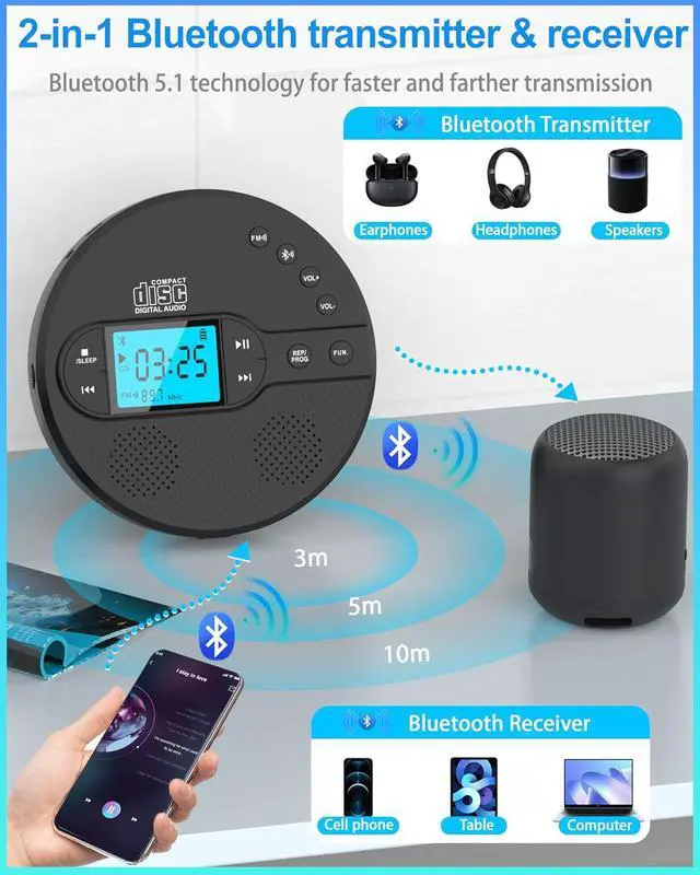 Alt view image 4 of 7 - Portable CD Player with Bluetooth, Disman CD Player for Car with FM Transmitter, Rechargeable CD Player Portable with Anti-Skip Protection, Headphones, AUX/USB Supported, LCD Display(Black)