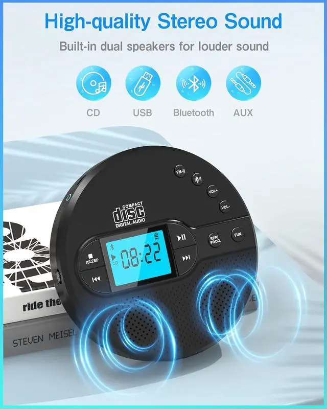 Alt view image 5 of 7 - Portable CD Player with Bluetooth, Disman CD Player for Car with FM Transmitter, Rechargeable CD Player Portable with Anti-Skip Protection, Headphones, AUX/USB Supported, LCD Display(Black)