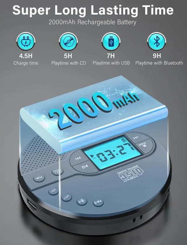 Alt view image 3 of 7 - 2000mAh Rechargeable Discman CD Player:Portable CD Player with Bluetooth FM Transmitter,Headphones,LCD Screen,AUX,Built-in Speaker,USB-Portable Personal CD Player Anti-Skip Protection for Car