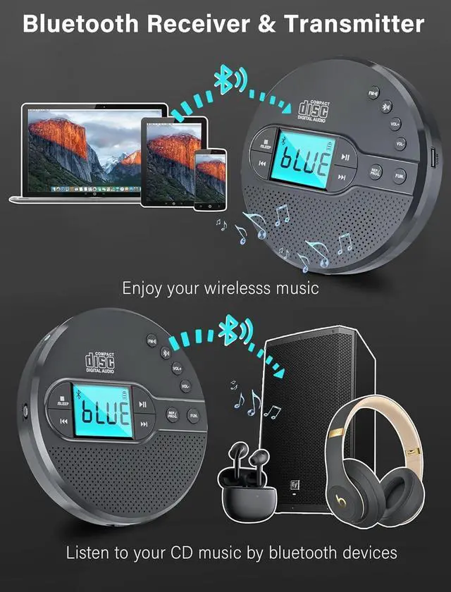 Alt view image 4 of 7 - 2000mAh Rechargeable Discman CD Player:Portable CD Player with Bluetooth FM Transmitter,Headphones,LCD Screen,AUX,Built-in Speaker,USB-Portable Personal CD Player Anti-Skip Protection for Car