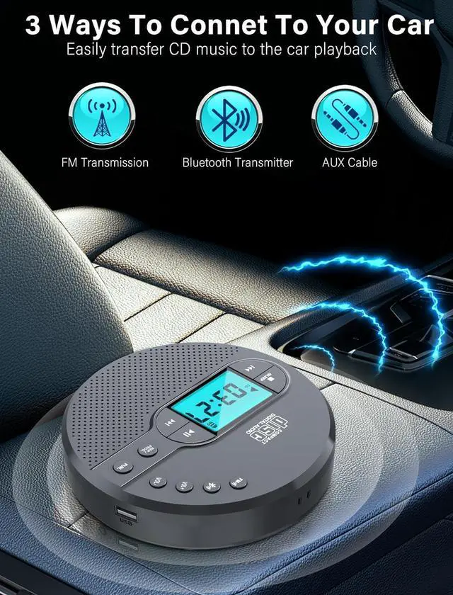 Alt view image 5 of 7 - 2000mAh Rechargeable Discman CD Player:Portable CD Player with Bluetooth FM Transmitter,Headphones,LCD Screen,AUX,Built-in Speaker,USB-Portable Personal CD Player Anti-Skip Protection for Car