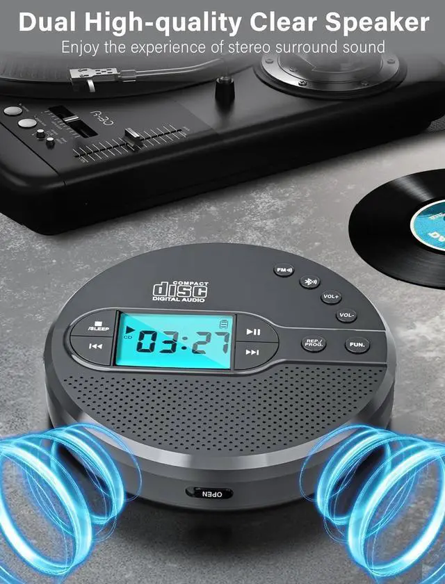 Alt view image 6 of 7 - 2000mAh Rechargeable Discman CD Player:Portable CD Player with Bluetooth FM Transmitter,Headphones,LCD Screen,AUX,Built-in Speaker,USB-Portable Personal CD Player Anti-Skip Protection for Car