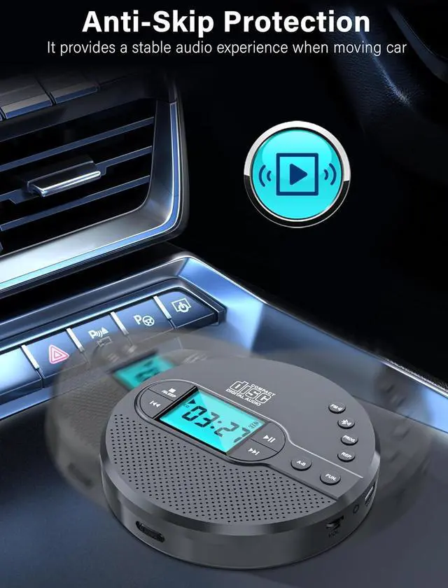 Alt view image 7 of 7 - 2000mAh Rechargeable Discman CD Player:Portable CD Player with Bluetooth FM Transmitter,Headphones,LCD Screen,AUX,Built-in Speaker,USB-Portable Personal CD Player Anti-Skip Protection for Car