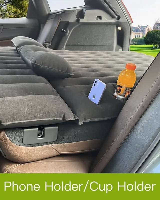 Alt view image 5 of 7 - SUV Air Mattress, Inflatable SUV Mattress Bottle and Phone Holder Thickened Flocking & PVC Surface Car Air Mattress with Electric Air Pump Travel Mattress for Car Camping Road Trip (Black)