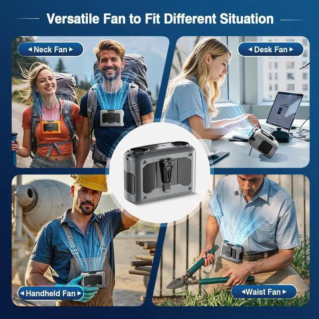 Alt view image 5 of 7 - 4-in-1 Portable Waist Fan, 20000mAh Dual-Motor Personal Rechargeable Fan [235H Max], 10 Speeds 22000RPM Clip-on Wearable Belt & Hands-Free Neck Fan for Oudoor, Camping, Travel, Jobsite - Grey