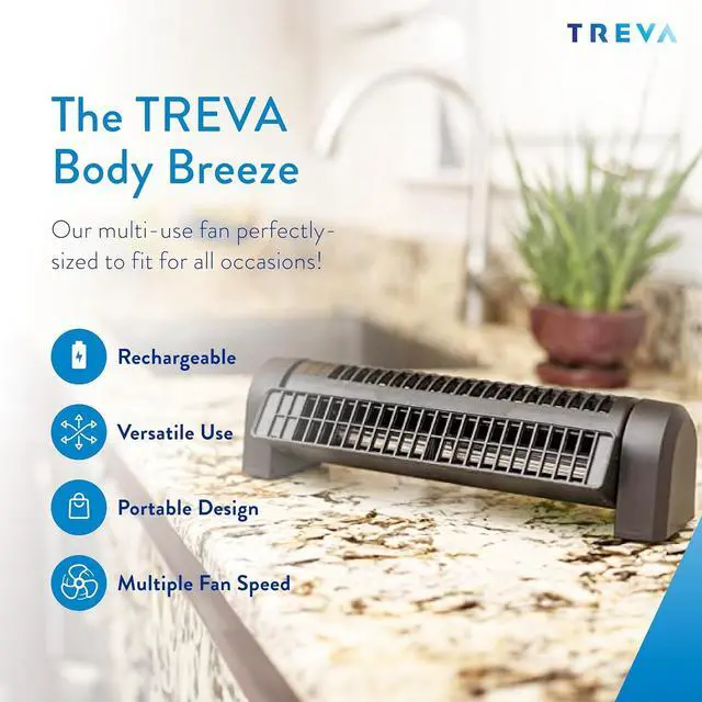 Alt view image 2 of 7 - Treva Body Breeze Fan Rechargeable Personal Fan with Wide Cooling Reach, Multi Speed Adjustable and Portable