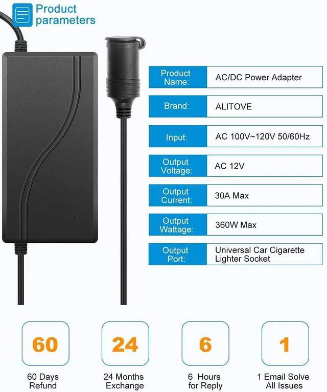 Alt view image 2 of 7 - AC to DC Converter 110V to 12V 30A 360W AC to DC Adapter Car Cigarette Lighter Socket 120V to 12 Volt Power Supply 11ft Long Cord for Inflator Car Refrigerator and Other Car Devices