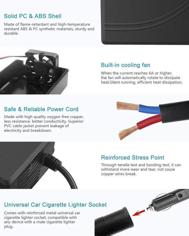 Alt view image 5 of 7 - AC to DC Converter 110V to 12V 30A 360W AC to DC Adapter Car Cigarette Lighter Socket 120V to 12 Volt Power Supply 11ft Long Cord for Inflator Car Refrigerator and Other Car Devices