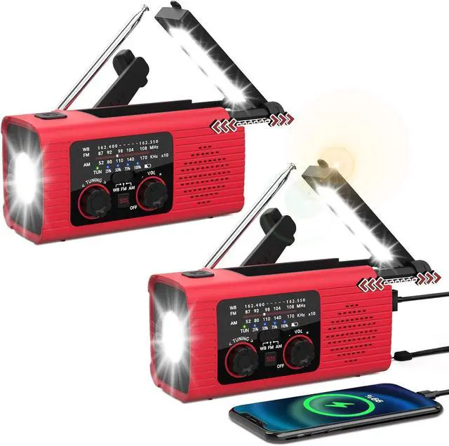 Main image of Emergency Weather Radio NOAA AM FM WB Radio with 4000mAh Portable Power Bank, USB Solar Hand Crank Charging, Flashlight, SOS Alarm, Reading Lamp for Outdoor Indoor Emergencies, 2 Pack