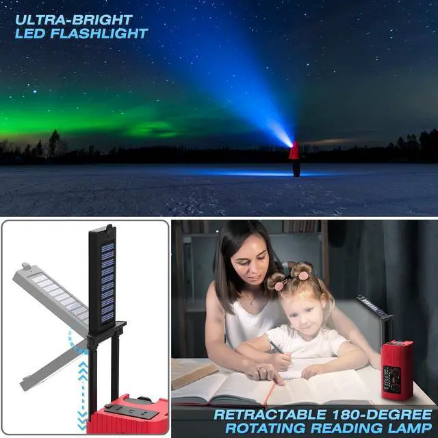 Alt view image 4 of 7 - Emergency Weather Radio NOAA AM FM WB Radio with 4000mAh Portable Power Bank, USB Solar Hand Crank Charging, Flashlight, SOS Alarm, Reading Lamp for Outdoor Indoor Emergencies, 2 Pack