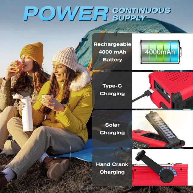 Alt view image 7 of 7 - Emergency Weather Radio NOAA AM FM WB Radio with 4000mAh Portable Power Bank, USB Solar Hand Crank Charging, Flashlight, SOS Alarm, Reading Lamp for Outdoor Indoor Emergencies, 2 Pack