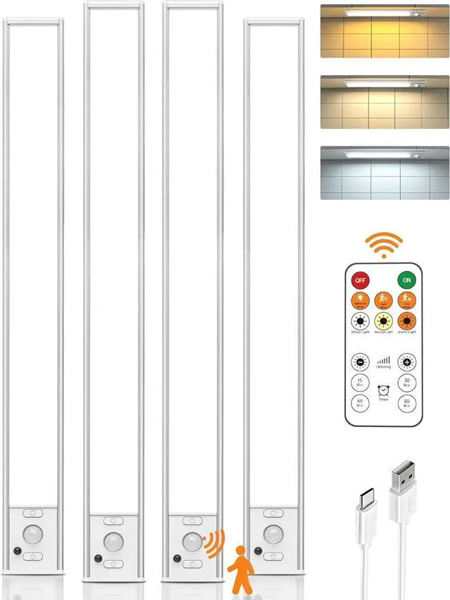 Main image of Under Cabinet Lights with Remote Control,16 inch LED Motion Sensor Light Indoor,4000mAh USB Rechargeable Closet Lights, 3 Color Temps Wireless Under Counter Lights for Bedroom,Wardrobe,Stairs, 4 Pack