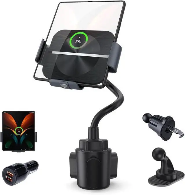 Main image of Wireless Car Charger for Z Fold 6/5/4/3/2, Dual Coil Cup Holder Phone Mount, Wireless Car Charger for Tesla, Auto Clamping Fast Charging for iPhone 16/15/14(Not Fit for Pixel Fold)