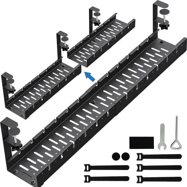 Main image of Extendable Under Desk Cable Management, Metal Cable Management Tray Under Desk with Clamp, Retractable Power Strip Cord Holder for Wire Management 31Inch (2 Pack Extendable 31')
