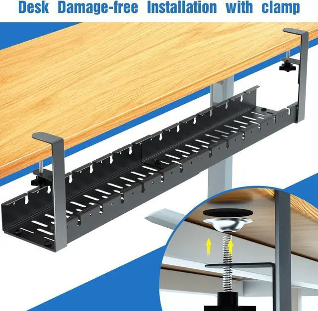 Alt view image 3 of 6 - Extendable Under Desk Cable Management, Metal Cable Management Tray Under Desk with Clamp, Retractable Power Strip Cord Holder for Wire Management 31Inch (2 Pack Extendable 31')