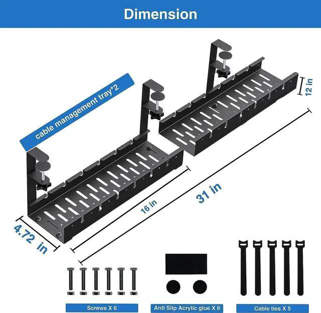 Alt view image 4 of 6 - Extendable Under Desk Cable Management, Metal Cable Management Tray Under Desk with Clamp, Retractable Power Strip Cord Holder for Wire Management 31Inch (2 Pack Extendable 31')