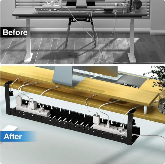 Alt view image 5 of 6 - Extendable Under Desk Cable Management, Metal Cable Management Tray Under Desk with Clamp, Retractable Power Strip Cord Holder for Wire Management 31Inch (2 Pack Extendable 31')