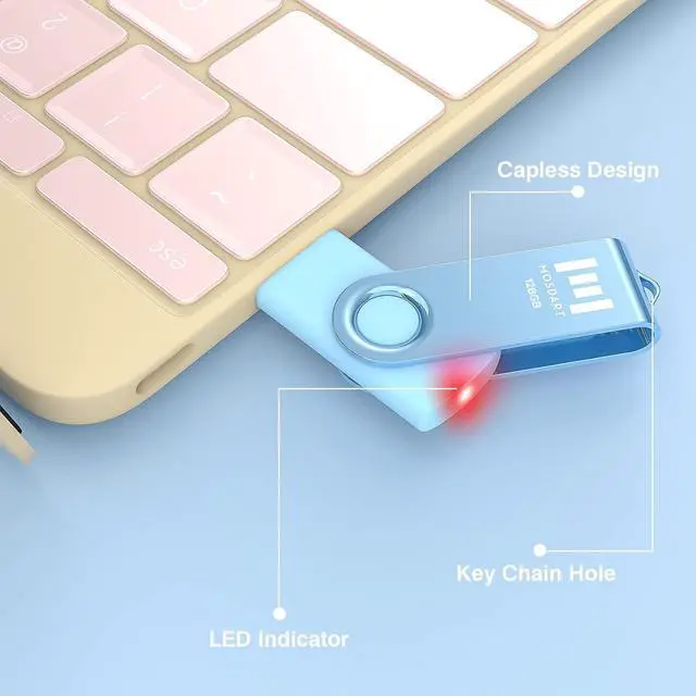Alt view image 5 of 6 - 128GB USB2.0 Flash Drive, with Keychain Loop, Swivel Design with LED Light, exFAT Memory Stick for Computers, System Backup, Data Storage, Pastel Color(Pack of 5)