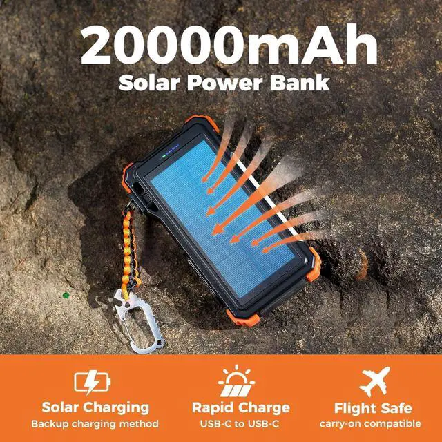 Alt view image 3 of 7 - Solar Charger 20000mAh Built-in Cables, 20W Fast Charging Portable Power Bank with USB C, Camping Light, Flashlight, Battery Pack for iPhone 16 15 14 13 12 11, iPad, ,  Watch