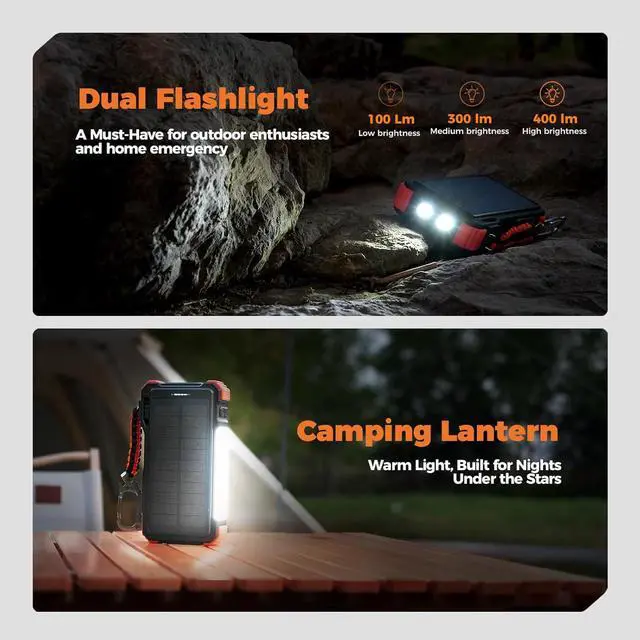 Alt view image 5 of 7 - Solar Charger 20000mAh Built-in Cables, 20W Fast Charging Portable Power Bank with USB C, Camping Light, Flashlight, Battery Pack for iPhone 16 15 14 13 12 11, iPad, ,  Watch