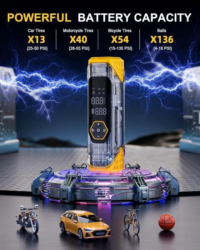 Alt view image 2 of 7 - Inflator Portable Air Compressor, 180PSI Cordless 6X Faster Air Pump, Air Compressor with Pressure Gauge, One Click Smart Tire Pump for Car, Motorcycle, Bicycle and Ball(Black)