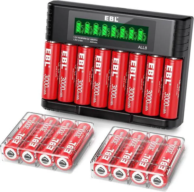 Main image of Rechargeable Lithium AA Batteries, 3000mWh 1.5V Double A Battery 16 Pack and 8-Bay AA AAA Individual Battery Charger