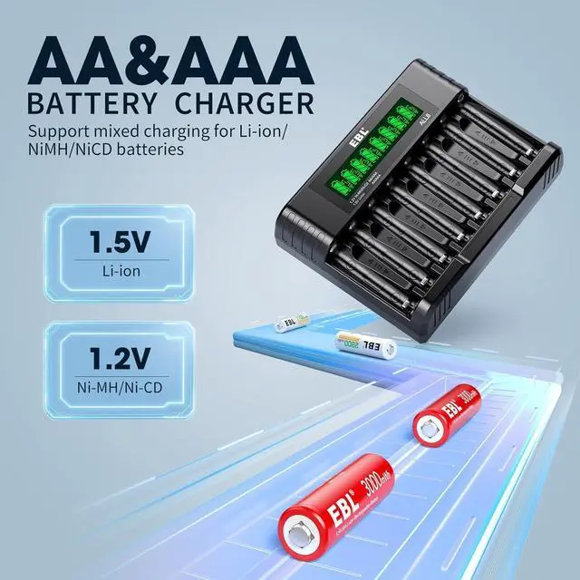 Alt view image 2 of 7 - Rechargeable Lithium AA Batteries, 3000mWh 1.5V Double A Battery 16 Pack and 8-Bay AA AAA Individual Battery Charger