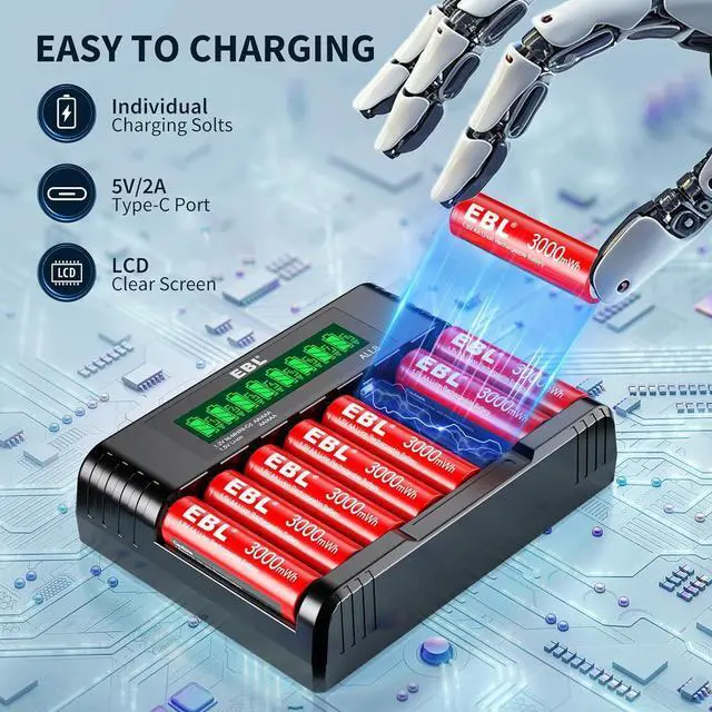 Alt view image 7 of 7 - Rechargeable Lithium AA Batteries, 3000mWh 1.5V Double A Battery 16 Pack and 8-Bay AA AAA Individual Battery Charger
