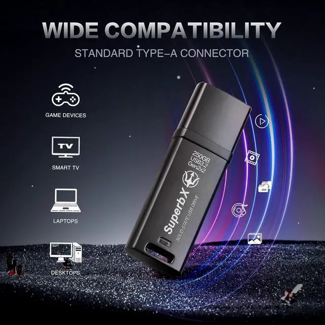 Alt view image 3 of 6 - Portable SSD 250GB Solid State USB Drive, USB 3.2 Gen2x2 SuperSpeed+, UASP Compatible, SuperbX Metal Body Protection. Ultra Speeds up to 1000MB/s Read, 800MB/s Write