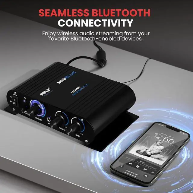 Alt view image 2 of 7 - Wireless Bluetooth Home Audio Amplifier - 90W Dual Channel Mini Portable Power Stereo Sound Receiver w/ Speaker Selector, RCA, AUX, LED, 12V Adapter - For Smartphone PA, Studio Use - PFA330BT