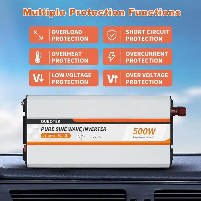 Alt view image 3 of 7 - 500W Power Inverter, DC 12V to 120V AC Converter for Vehicles Car, Pure Sine Wave Adapter with USB Port and 2 AC Outlets Car Charger for Laptop Smartphone Small Power Tool