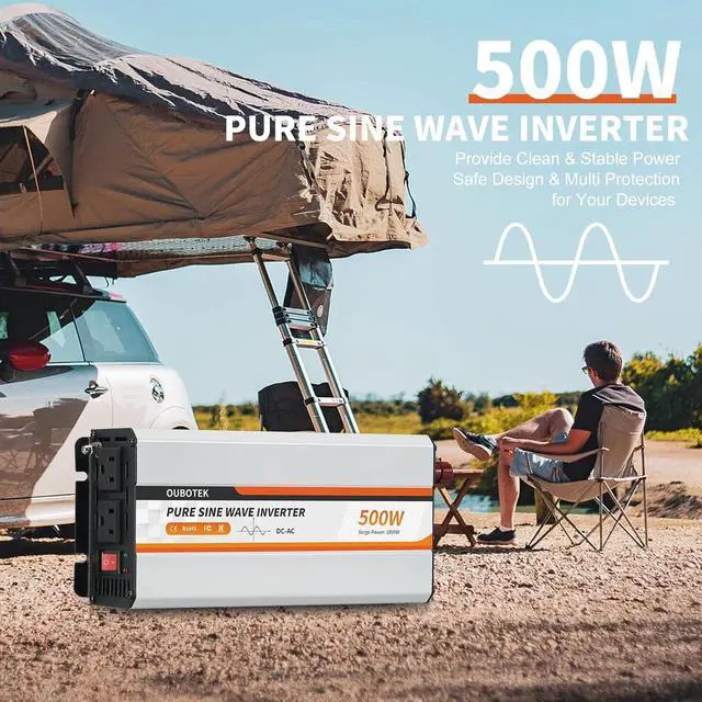 Alt view image 4 of 7 - 500W Power Inverter, DC 12V to 120V AC Converter for Vehicles Car, Pure Sine Wave Adapter with USB Port and 2 AC Outlets Car Charger for Laptop Smartphone Small Power Tool